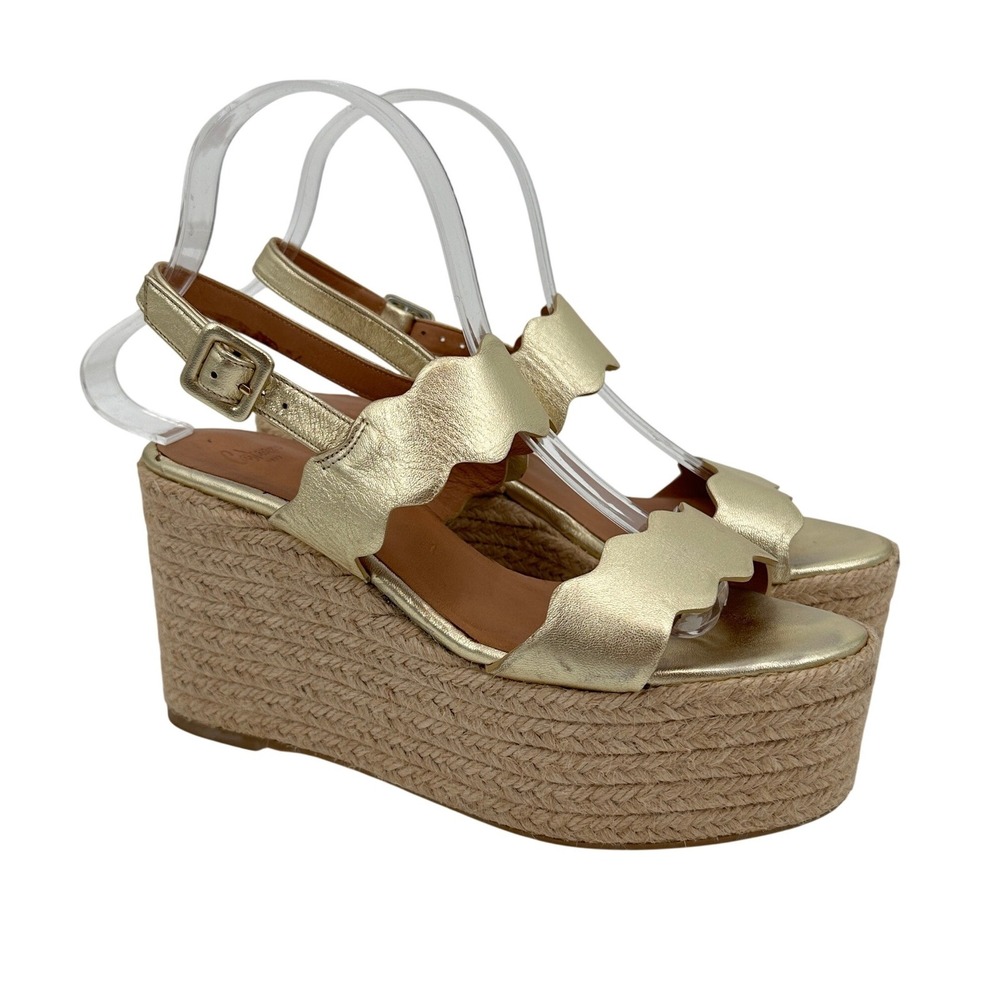 Castañer Gold Metallic Scalloped Leather Espadrille Wedge Platform Sandal 39 / 8